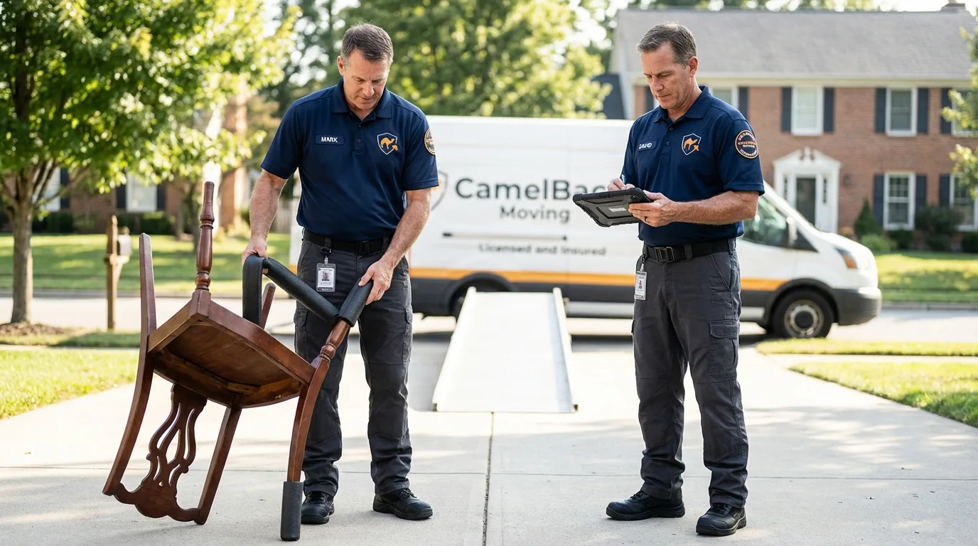 Movers inspecting furniture for damage prevention before loading in De Soto, MO