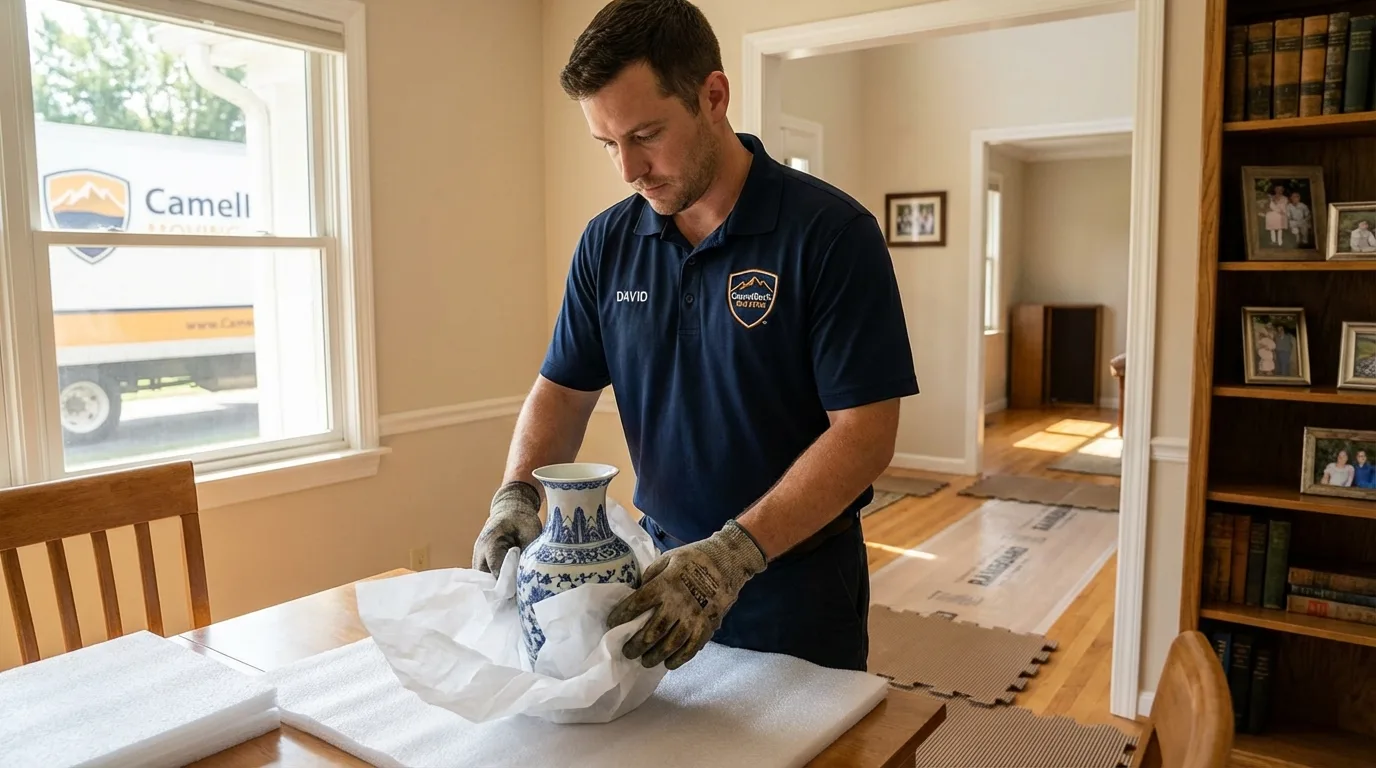 Professional crew carefully wrapping antique vase for senior downsizing move in De Soto, MO